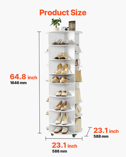7 Tier Rotating Shoe Rack Tower with Adjustable Shelves, Movable 360° Spinning Carousel Display with Wheels, Lazy Susan Organizer Closet for Bedroom, Living Room, Entryway, Closet, White