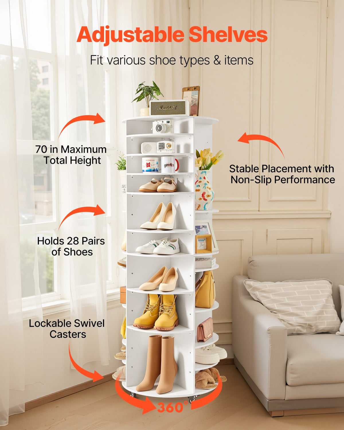 7 Tier Rotating Shoe Rack Tower with Adjustable Shelves, Movable 360° Spinning Carousel Display with Wheels, Lazy Susan Organizer Closet for Bedroom, Living Room, Entryway, Closet, White