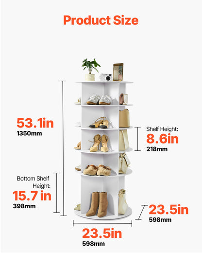 5 Tiers Rotating Shoe Rack Tower, 360° Spinning Shoe Rack, Revolving Storage Round Carousel Display, Freestanding Lazy Susan Organizer Display for Bedroom, Living Room, Entryway, Closet, White