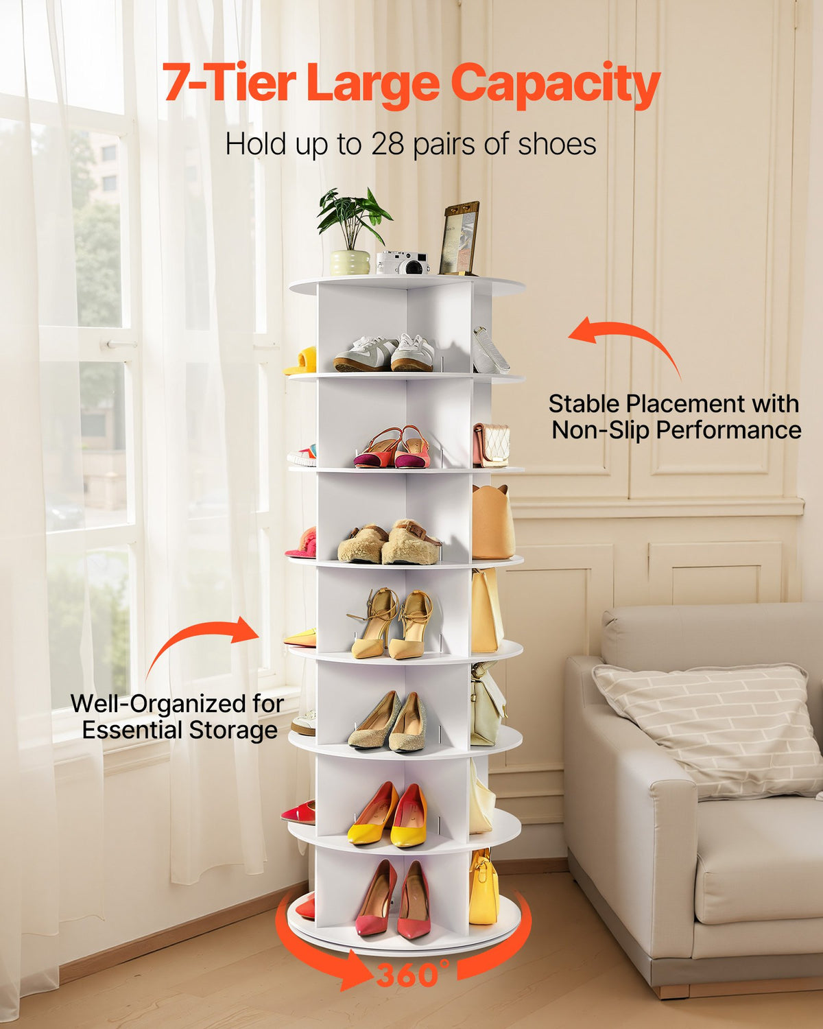 7 Tiers Rotating Shoe Rack Tower, 360° Spinning Shoe Rack, Revolving Storage Round Carousel Display, Freestanding Lazy Susan Organizer Display for Bedroom, Living Room, Entryway, Closet, White