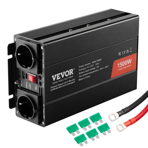Modifierad sinusvågsväxelriktare, 1500W, DC 12V till AC 230V strömförsörjningsväxelriktare med 2 AC-uttag, 2 USB-portar, 1 typ-C-port, 6 reservsäkringar, för små hemenheter som smartphones och bärbara datorer, CE-certifierad FCC
