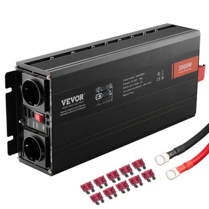 Modifierad sinusvågsväxelriktare, 3000 watt, DC 12V till AC 230V LCD-skärm, 3 AC-uttag, 2 USB-portar, 1 typ-C-port, 10 reservsäkringar, för stora hushållsapparater, CE-FCC-certifierad