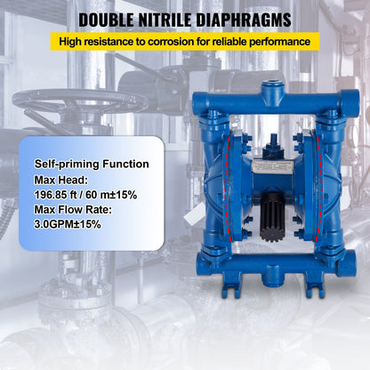 Luftdriven dubbelmembranpump, 1/2 tums inlopp och utlopp, gjutjärnshus, 3 GPM och max 90 PSI, pneumatisk nitrilmembranöverföringspump för petroleum, diesel, olja och lågviskösa vätskor