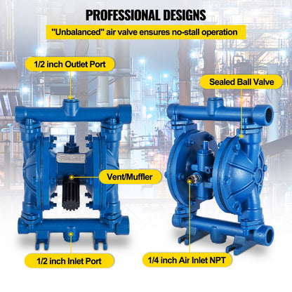 Luftdriven dubbelmembranpump, 1/2 tums inlopp och utlopp, gjutjärnshus, 3 GPM och max 90 PSI, pneumatisk nitrilmembranöverföringspump för petroleum, diesel, olja och lågviskösa vätskor
