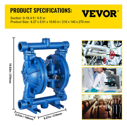 Luftdriven dubbelmembranpump, 1/2 tums inlopp och utlopp, gjutjärnshus, 3 GPM och max 90 PSI, pneumatisk nitrilmembranöverföringspump för petroleum, diesel, olja och lågviskösa vätskor