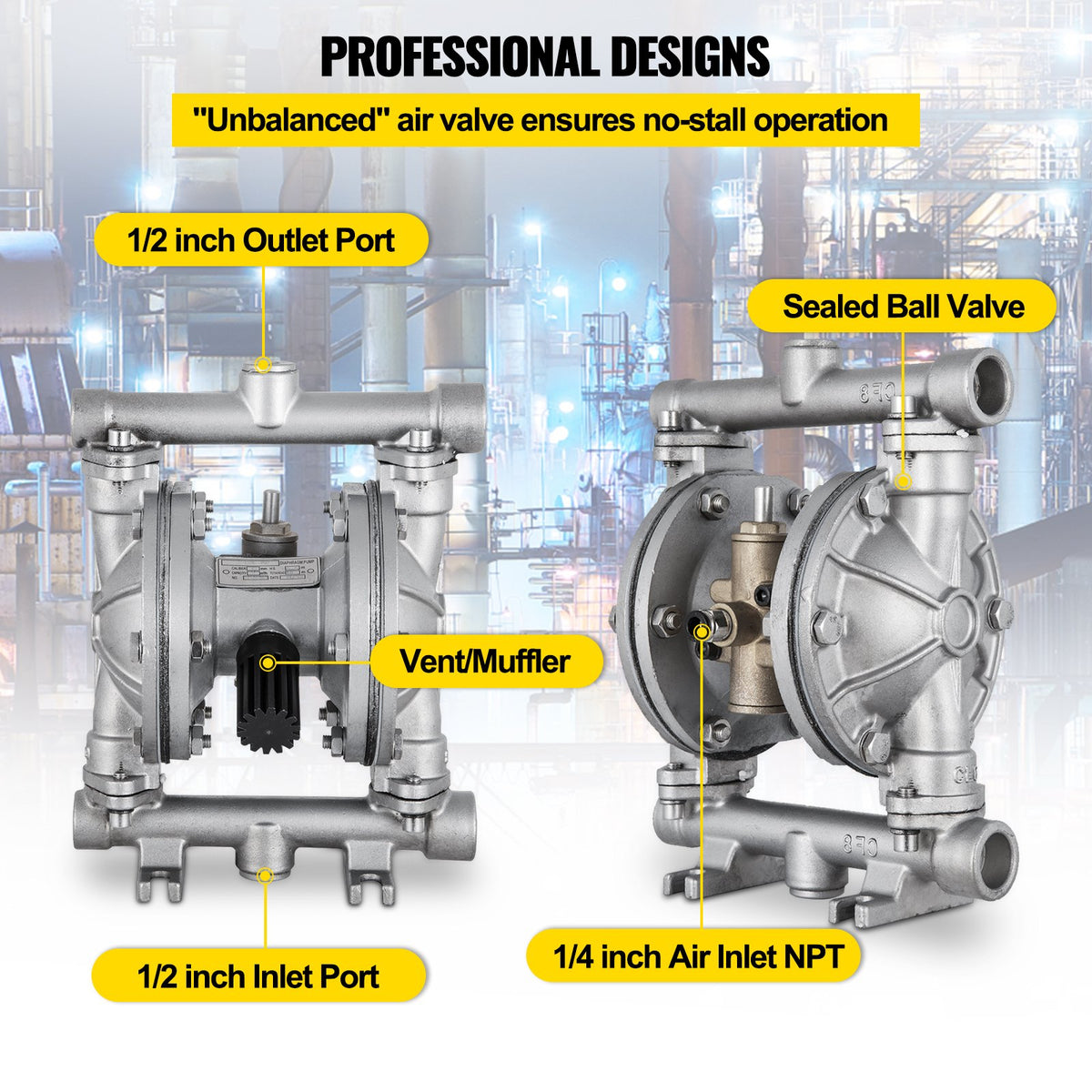 Luftdriven dubbelmembranpump, inlopp och utlopp, hus i rostfritt stål, 11,36 l/min, pneumatisk PTFE-membranöverföringspump för petroleum, diesel, olja och lågviskösa vätskor