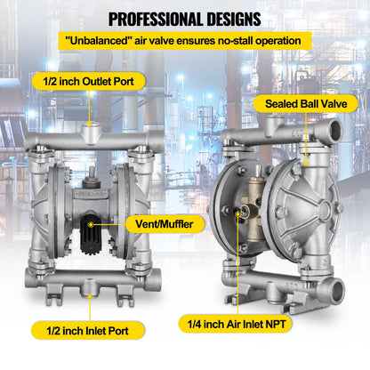 Luftdriven dubbelmembranpump, inlopp och utlopp, hus i rostfritt stål, 11,36 l/min, pneumatisk PTFE-membranöverföringspump för petroleum, diesel, olja och lågviskösa vätskor