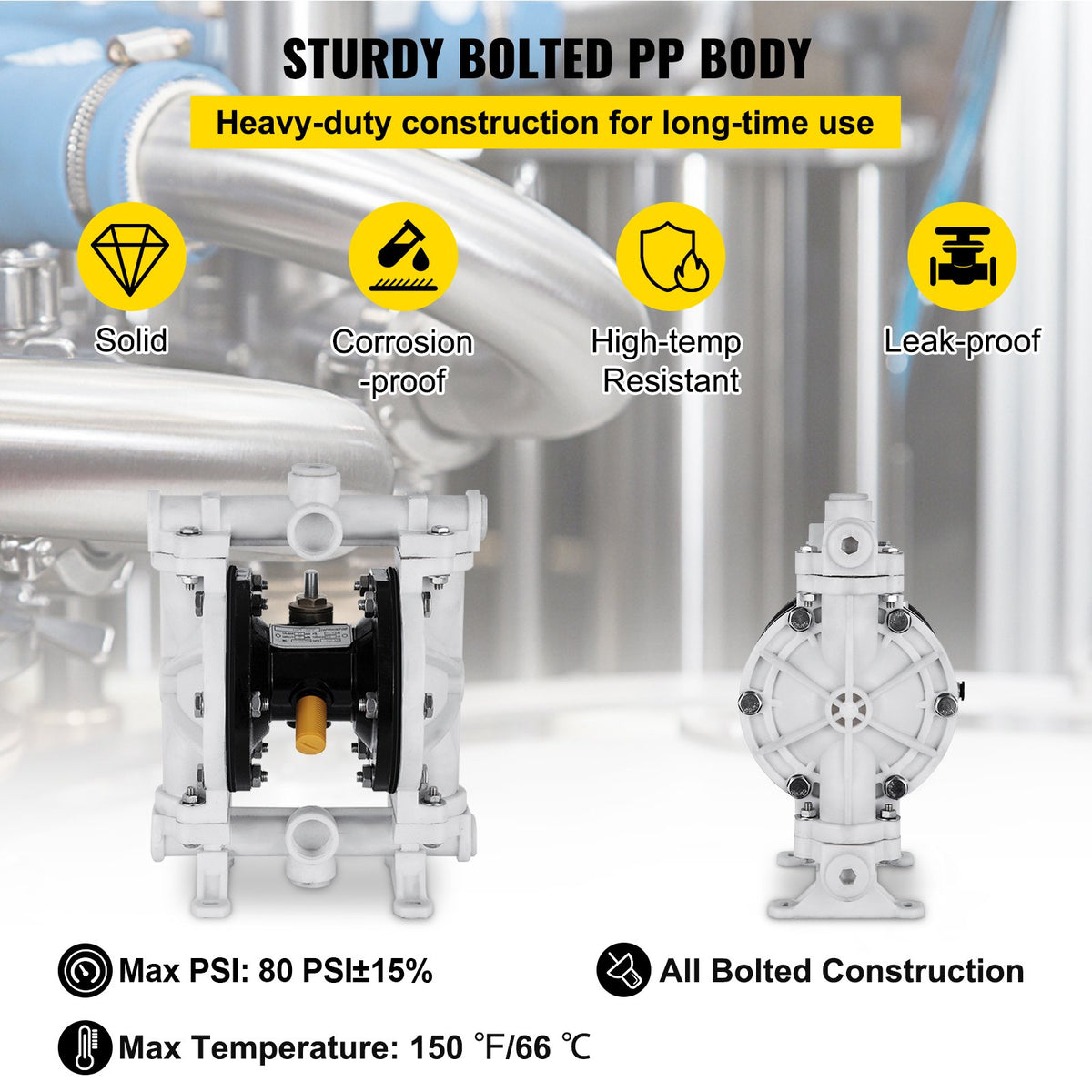 Luftdriven dubbelmembranpump, inlopp och utlopp, polypropylenhus, 9,46 l/min, PTFE-membran pneumatisk överföringspump för petroleum, diesel, olja och lågviskösa vätskor