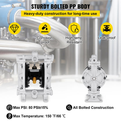 Luftdriven dubbelmembranpump, inlopp och utlopp, polypropylenhus, 9,46 l/min, PTFE-membran pneumatisk överföringspump för petroleum, diesel, olja och lågviskösa vätskor