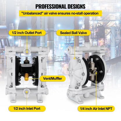 Luftdriven dubbelmembranpump, inlopp och utlopp, polypropylenhus, 9,46 l/min, PTFE-membran pneumatisk överföringspump för petroleum, diesel, olja och lågviskösa vätskor