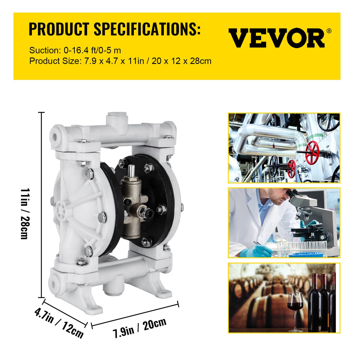 Luftdriven dubbelmembranpump, inlopp och utlopp, polypropylenhus, 9,46 l/min, PTFE-membran pneumatisk överföringspump för petroleum, diesel, olja och lågviskösa vätskor
