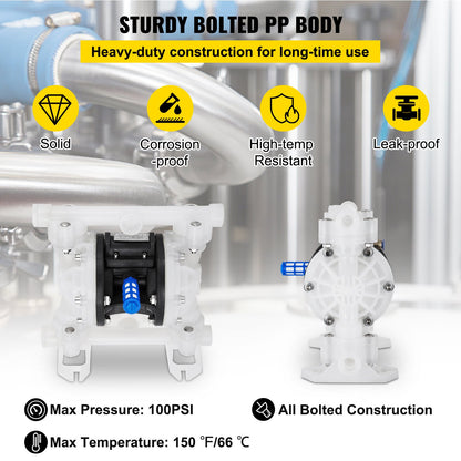 Luftdriven dubbelmembranpump 7GPM 100PSI Polypropylenmembranvattenpump med 1,3 cm inlopps- och utloppsportar Luftpumpmembran 6900,7 cm maxtryck Luftdriven membranpump med tätad kulventil