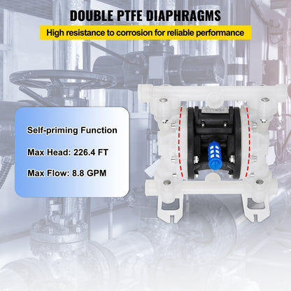 Luftdriven dubbelmembranpump 7GPM 100PSI Polypropylenmembranvattenpump med 1,3 cm inlopps- och utloppsportar Luftpumpmembran 6900,7 cm maxtryck Luftdriven membranpump med tätad kulventil