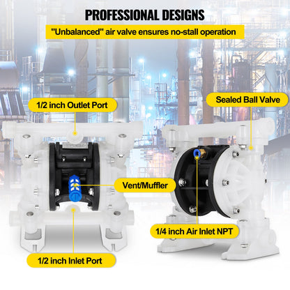 Luftdriven dubbelmembranpump 7GPM 100PSI Polypropylenmembranvattenpump med 1,3 cm inlopps- och utloppsportar Luftpumpmembran 6900,7 cm maxtryck Luftdriven membranpump med tätad kulventil