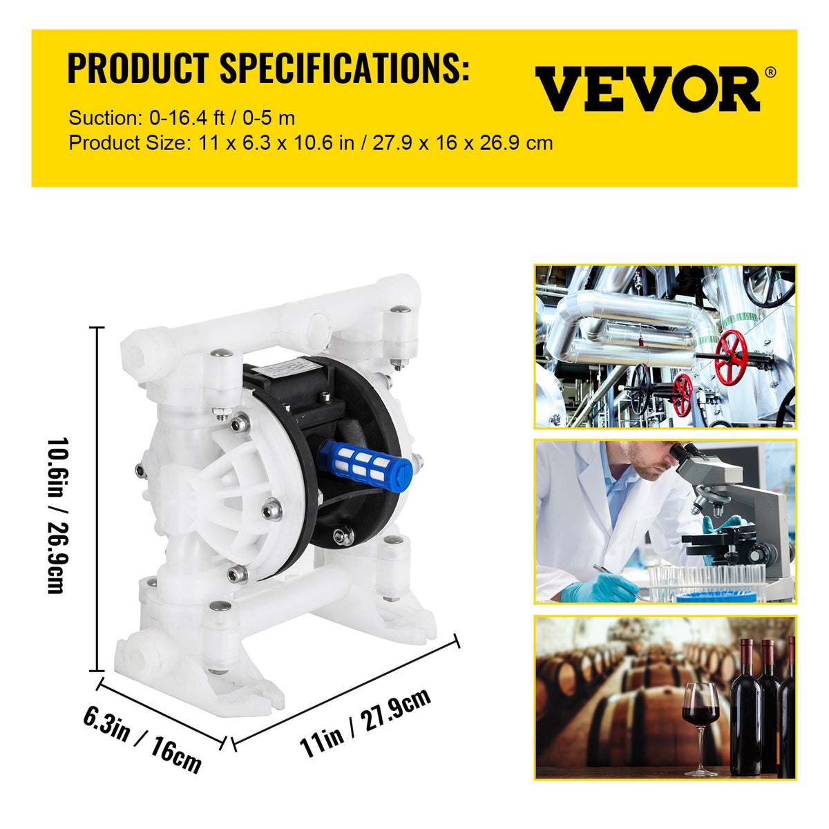 Luftdriven dubbelmembranpump 7GPM 100PSI Polypropylenmembranvattenpump med 1,3 cm inlopps- och utloppsportar Luftpumpmembran 6900,7 cm maxtryck Luftdriven membranpump med tätad kulventil