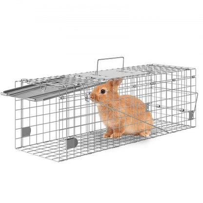 Fälla för levande djur, 61 x 20,3 x 20,3 cm human kattfälla i galvaniserat järn, hopfällbar djurfälla med handtag för kaniner, herrelösa katter, ekorrar, tvättbjörnar, murmeldjur och opossum