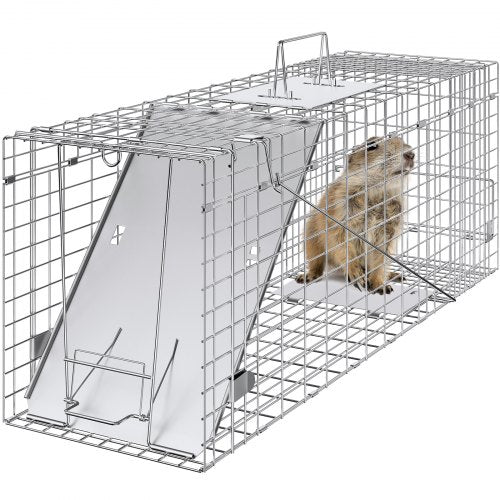 Fälla för levande djur, 79 x 25 x 30,5 cm human kattfälla i galvaniserat järn, hopfällbar djurfälla med handtag för kaniner, herrelösa katter, ekorrar, tvättbjörnar, murmeldjur och opossum