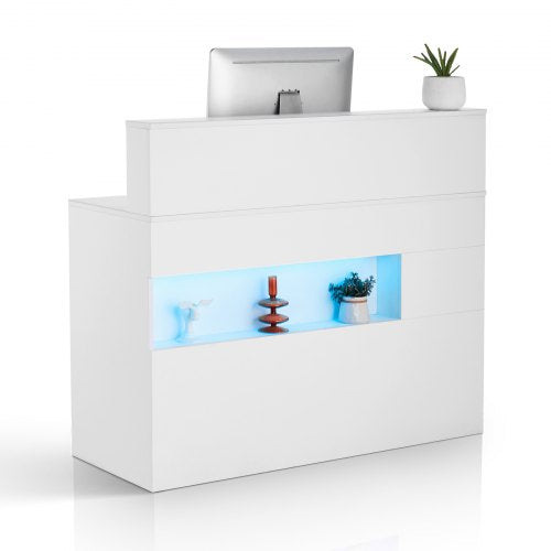 Receptionsdisk, 114 x 49 x 91 cm Rektangulärt frontbord, kontorsreceptionsdisk med LED-belysning, 2 lådor och eluttag, för kassa, lobby, skönhetssalong och kontor, vit