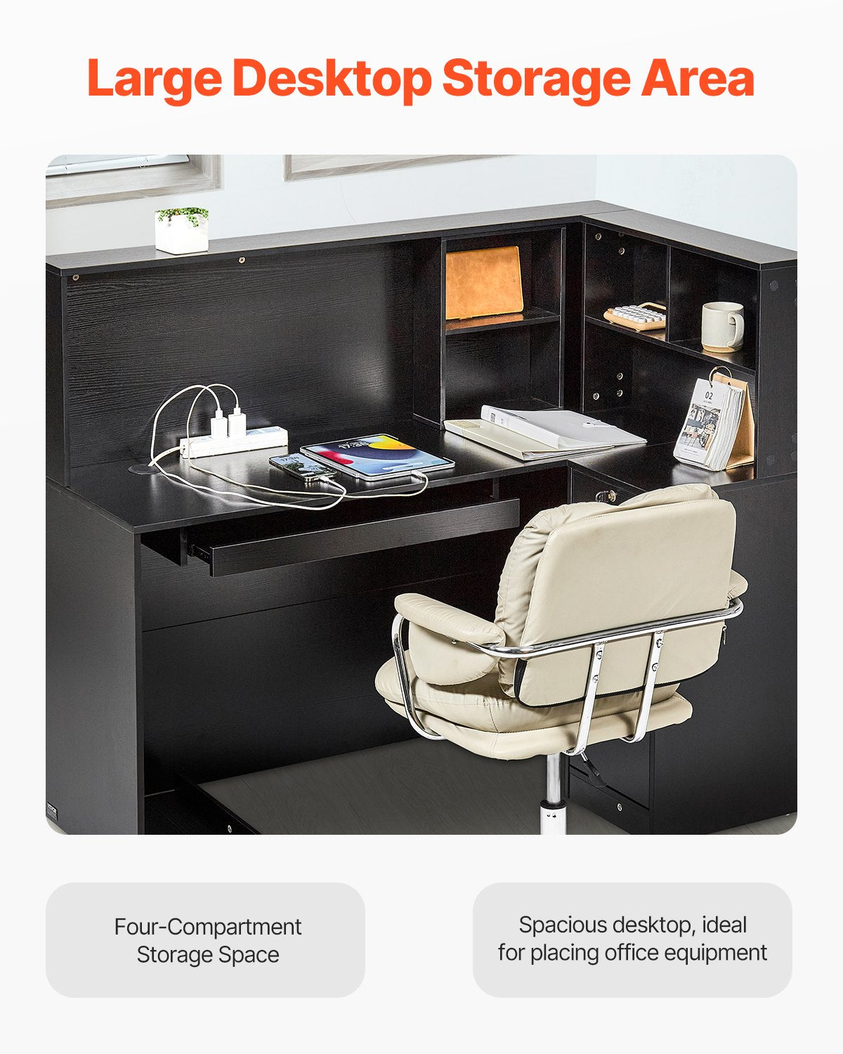 Reception Desk, 55.12 x 31.50 x 47.24 in L-Shaped Front Counter Table, Office Reception Counter with Drawer Keyboard Tray and Storage Cabinet, for Checkout, Lobby, Beauty Salon & Office, Black