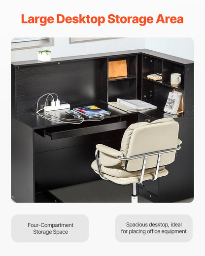 Reception Desk, 55.12 x 31.50 x 47.24 in L-Shaped Front Counter Table, Office Reception Counter with Drawer Keyboard Tray and Storage Cabinet, for Checkout, Lobby, Beauty Salon & Office, Black