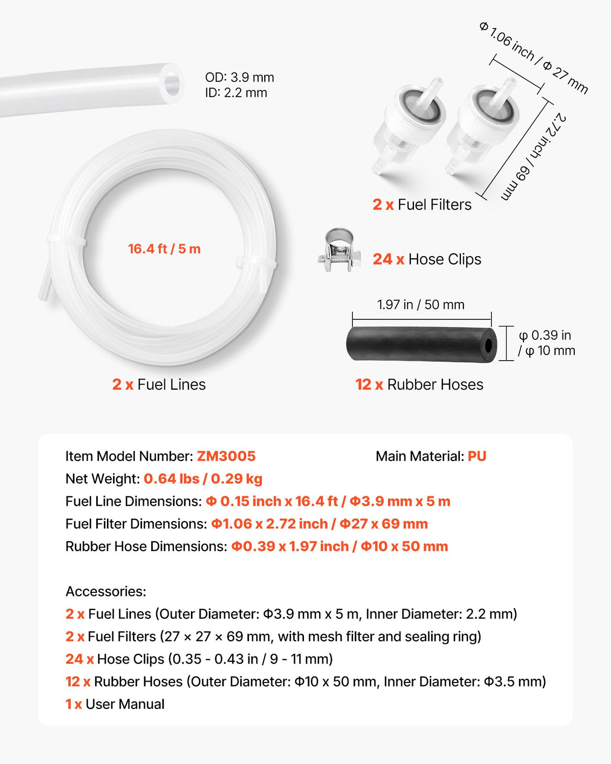 Fuel Pipe Hose Line Kit, 5000mm Diesel Heater Fuel Line Kit, Replaceable Parking Heater Fuels Lines Kits with Lines Filters Clips & Hoses, Tank Diesel Heater Accessories for 2KW 5KW 8KW Heaters