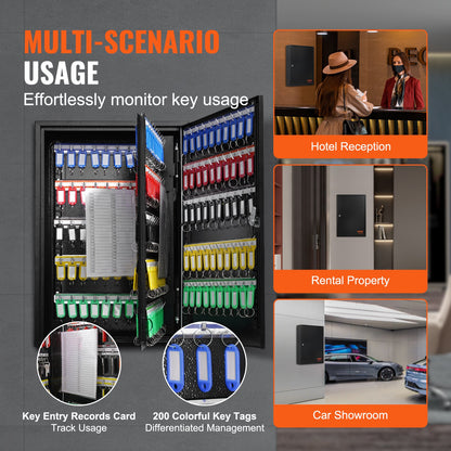 200-Key Cabinet, Key Lock Box with Adjustable Racks, Security Key Storage Box Steel, Key Organizer with 200 Colorful Key Tags and 4 Record Cards for School, Office, Hotel