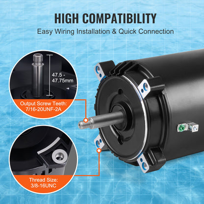 0,75 hk poolpumpmotor, 56J ram, 115V (8 ampere)/230V (4 ampere) 3450 varv/min, 60Hz, 1,5 servicefaktor, 80μF/250V kondensator, moturs roterande rundflänsreservmotor