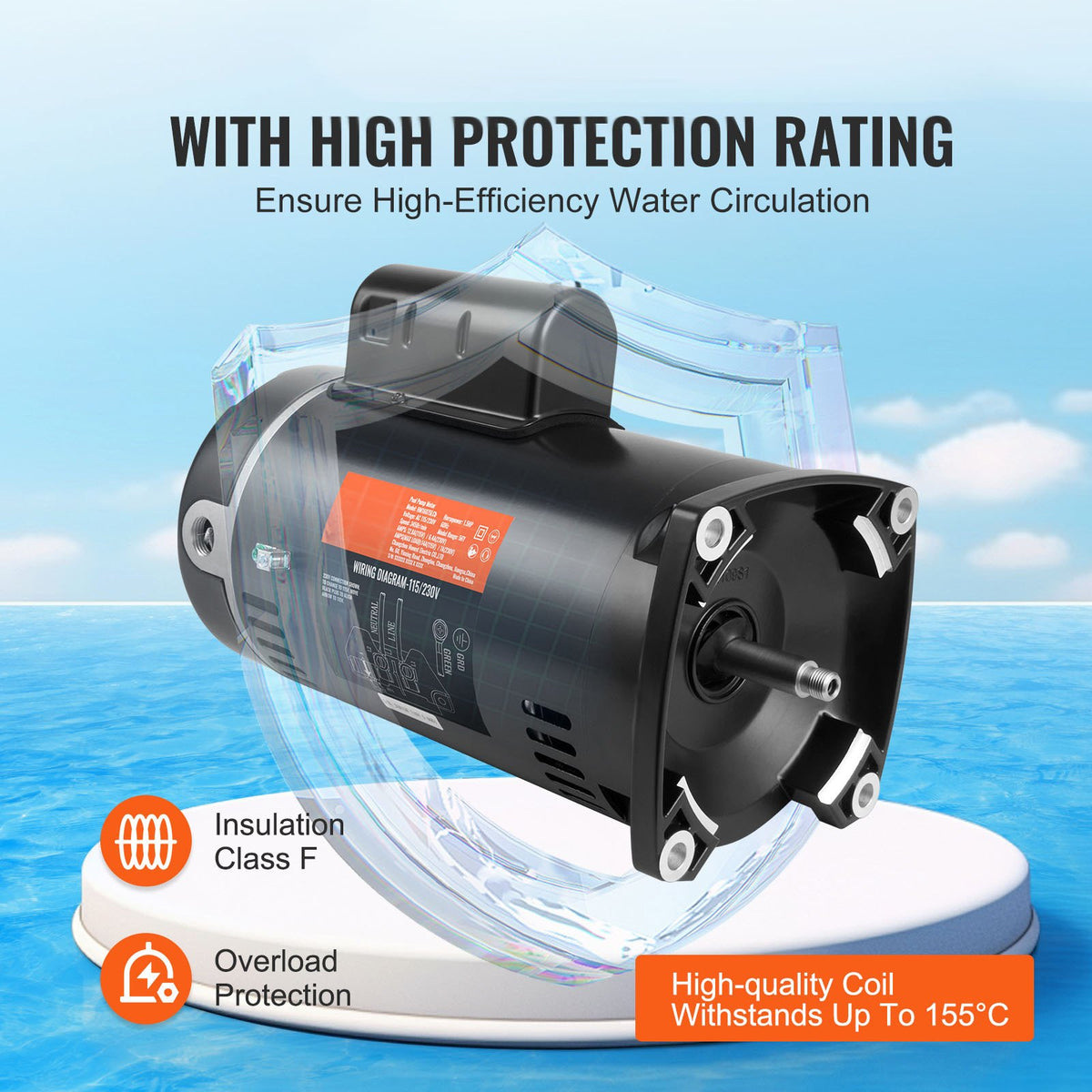 0,75 hk poolpumpmotor, 56J ram, 115V (8 ampere)/230V (4 ampere) 3450 varv/min, 60Hz, 1,5 servicefaktor, 80μF/250V kondensator, moturs roterande rundflänsreservmotor