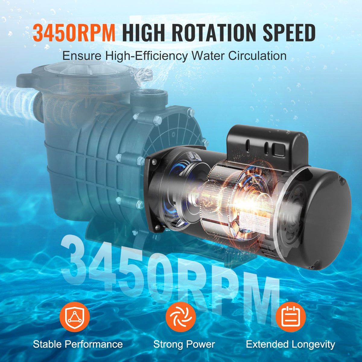 1,5 hk poolpumpmotor, 56Y-ram, 115 V (12,8 ampere))/230 V (6,4 ampere) 3450 varv/min, 60 Hz, 1,1 servicefaktor, 90 μF/250 V kondensator, utbytesmotor med fyrkantig fläns och moturs rotation