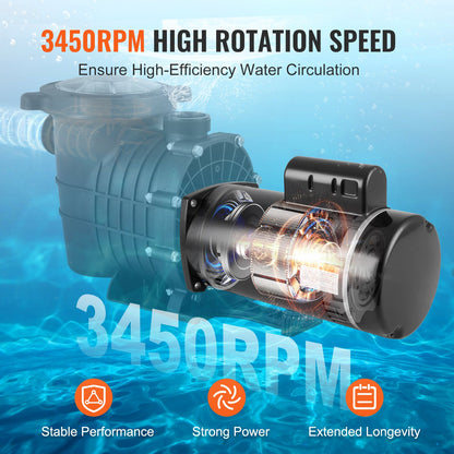 1 hk poolpumpmotor, 56Y-ram, 115 V (9 ampere)/230 V (4,5 ampere) 3450 varv/min, 60 Hz, 1,25 servicefaktor, 90 μF/250 V kondensator, utbytesmotor med moturs rotation och fyrkantig fläns.