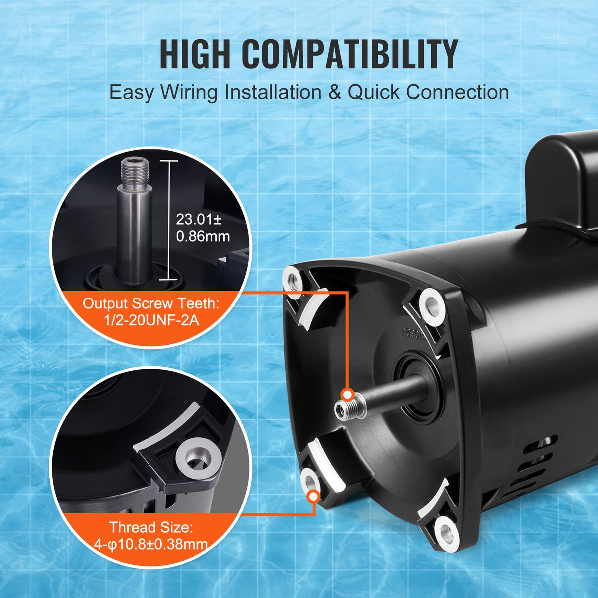 1 hk poolpumpmotor, 56Y-ram, 115 V (9 ampere)/230 V (4,5 ampere) 3450 varv/min, 60 Hz, 1,25 servicefaktor, 90 μF/250 V kondensator, utbytesmotor med moturs rotation och fyrkantig fläns.