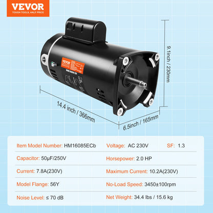 2 hk poolpumpmotor, 56Y-ram, 230 V (7,8 ampere) 3450 varv/min, 60 Hz, 1,3 servicefaktor, 50 μF/250 V kondensator, utbytesmotor med motursrotation och fyrkantig fläns.