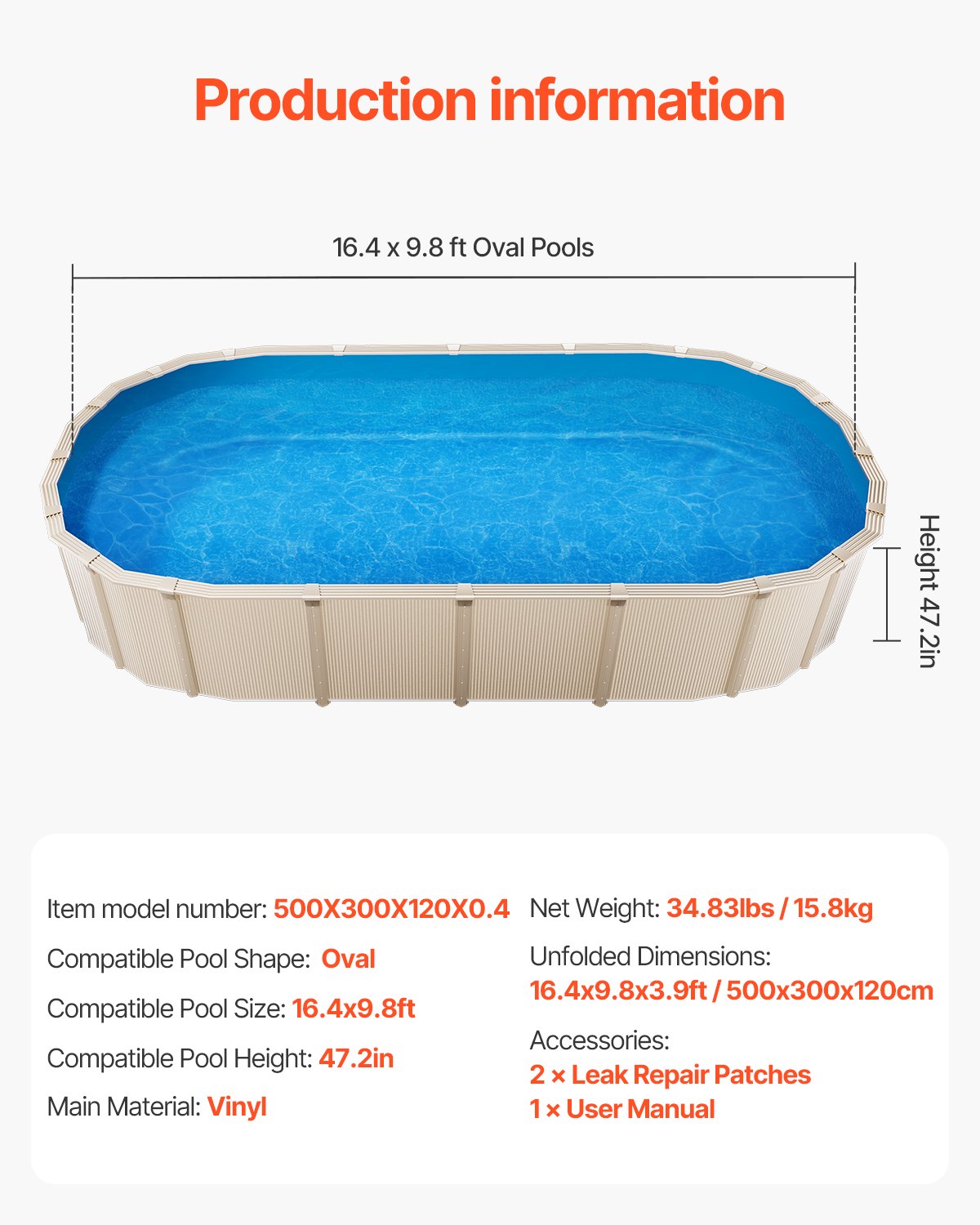 Oval poolfoder, 4,8 x 2,9 m, i rundpärlsstil, slitstark vinylfoder, standardtjocklek, 123 cm vägghöjd, ersättning för ovanmarkspooler med stålsidor