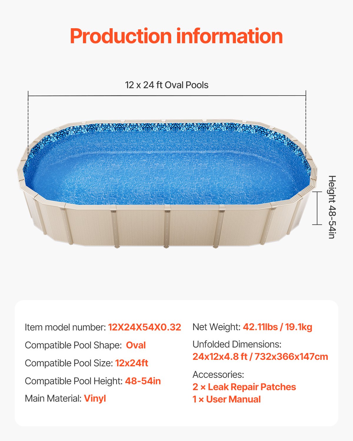 12 x 24 fot oval poolfoder, överlappande ovanmarkspoolfoder, 48 till 54 tum vägghöjd, hållbar poolfoder, vinyl i standardtjocklek, för stålsidiga ovanmarkspooler