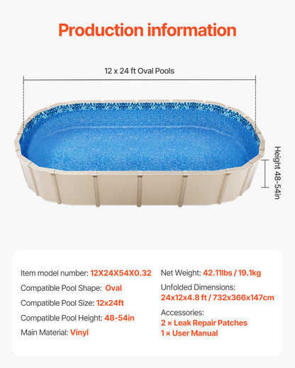 12 x 24 fot oval poolfoder, överlappande ovanmarkspoolfoder, 48 till 54 tum vägghöjd, hållbar poolfoder, vinyl i standardtjocklek, för stålsidiga ovanmarkspooler