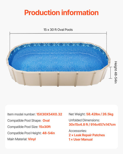 4,5 x 9,5 m oval poolfoder, överlappande ovanmarkspoolfoder, vägghöjd 122 till 142 cm, slitstark poolfoder, vinyl i standardtjocklek, för stålsidiga ovanmarkspooler