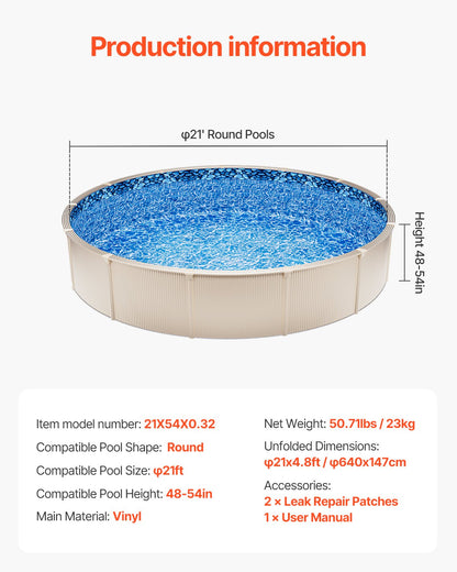 6,5 meter rund ovanmarkspoolfoder, överlappande poolfoder, vinyl i standardtjocklek, vägghöjd 122 till 147 cm, designad för ovanmarkspooler med stålsidor
