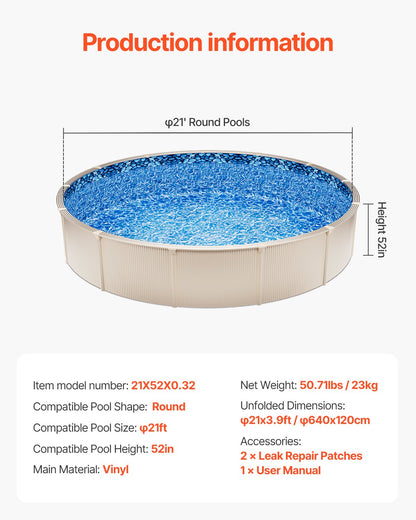 21 fot rund ovanmarkspoolfoder, Unibead poolfoder, standardtjocklek, 52 tums vägghöjd, designad för stålsidiga ovanmarkspooler