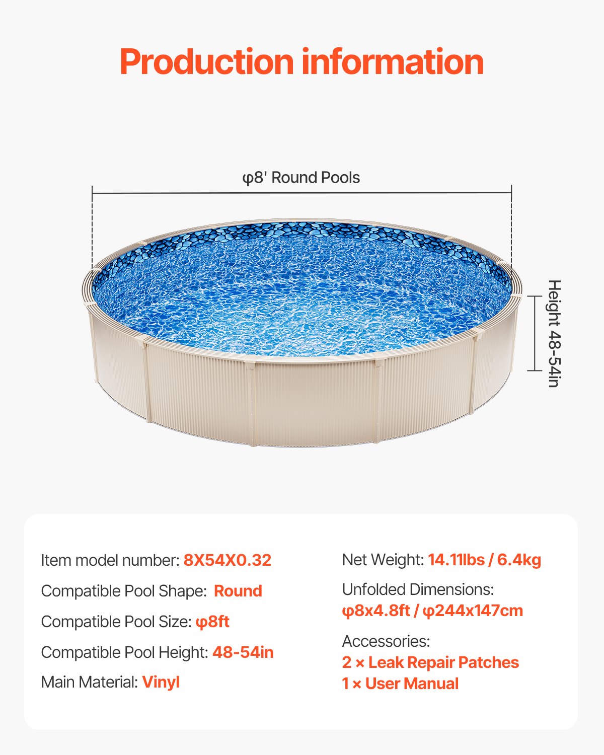 2,4 meter rund ovanmarkspoolfoder, överlappande poolfoder, vinyl i standardtjocklek, vägghöjd 122 till 146 cm, designad för ovanmarkspooler med stålsidor