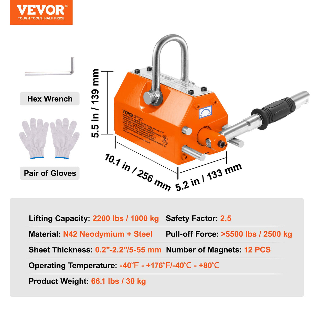 Magnetic Lifter, 2200lbs/1000kg Pulling Capacity, 2.5 Safety Factor, Neodymium & Steel, Lifting Magnet with Release, Permanent Lift Magnets, Heavy Duty Magnet for Hoist, Shop Crane, Block, Board