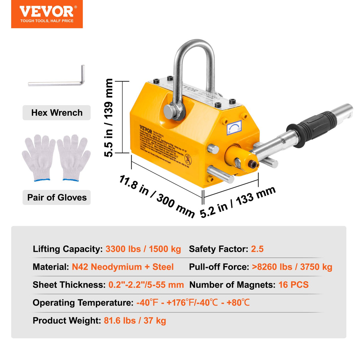 Magnetic Lifter, 3300lbs/1500kg Pulling Capacity, 2.5 Safety Factor, Neodymium & Steel, Lifting Magnet with Release, Permanent Lift Magnets, Heavy Duty Magnet for Hoist, Shop Crane, Block, Board
