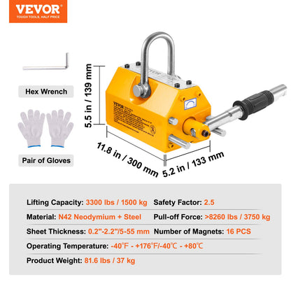Magnetic Lifter, 3300lbs/1500kg Pulling Capacity, 2.5 Safety Factor, Neodymium & Steel, Lifting Magnet with Release, Permanent Lift Magnets, Heavy Duty Magnet for Hoist, Shop Crane, Block, Board