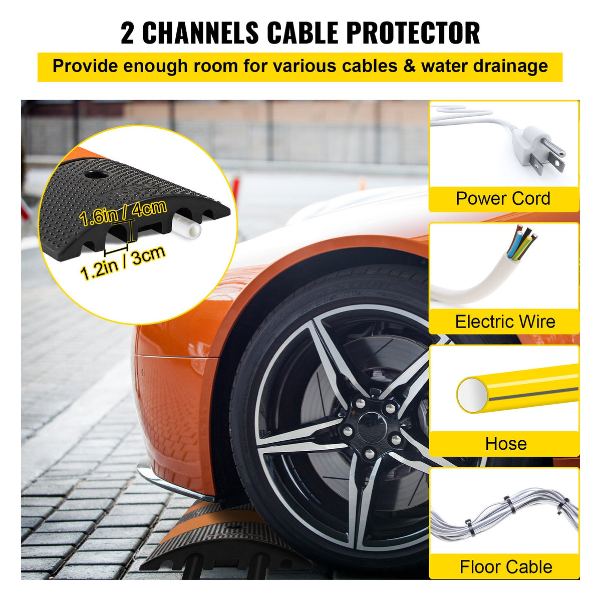 Rubber Traffic Calming Device, Single Unit with Dual Channels, 72" Length Modular Design Supports Up to 22000 LBS, Dimensions 72.8 x 12.2 x 2.2, Suitable for Asphalt, Concrete, and Gravel Sur