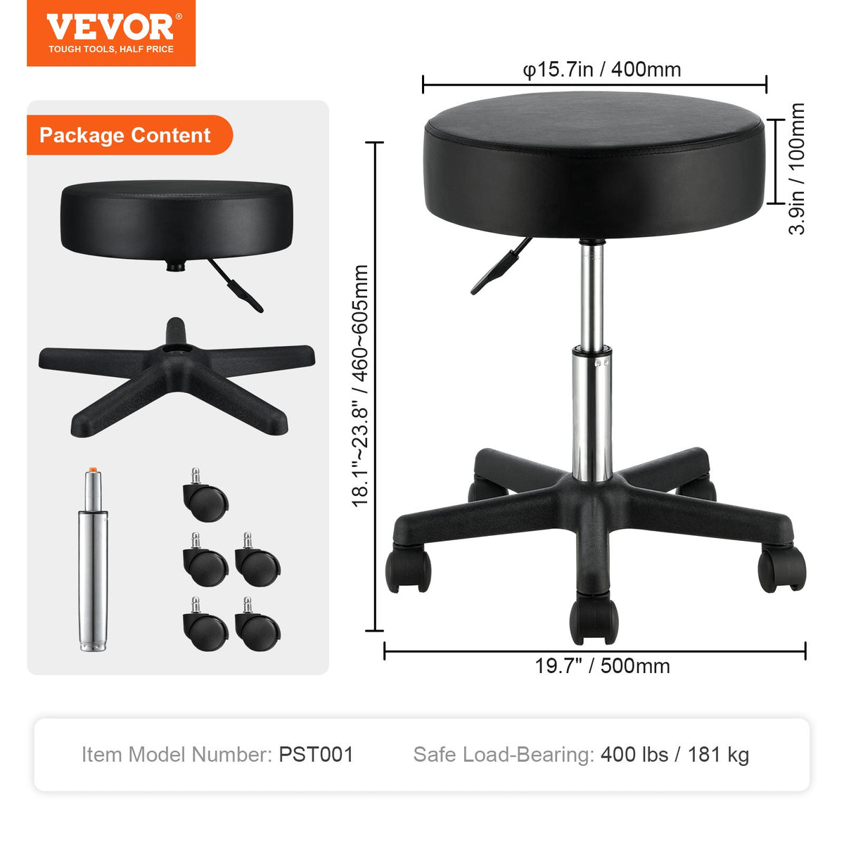 Rolling Stools with Wheels, 181.4 kg Weight Capacity Adjustable Height Stool with Ultra-Thick Seat Cushion, Swivel Stools Chair for Salon, Bar, Home, Office, Tatoo, Medical, Massage, Black