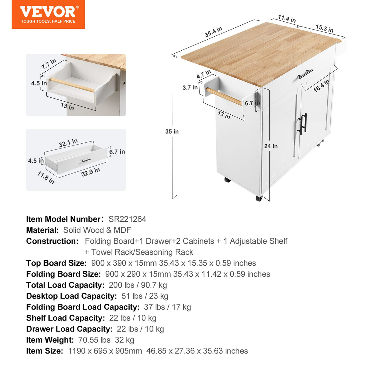 Kitchen Island Cart with Solid Wood Top, 90 cm Width Mobile Carts with Storage Cabinet, Rolling Kitchen Table with Spice Rack, Towel Rack, Drop Leaf and Drawer, Portable Islands on Wheels, White