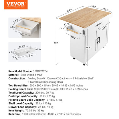 Kitchen Island Cart with Solid Wood Top, 90 cm Width Mobile Carts with Storage Cabinet, Rolling Kitchen Table with Spice Rack, Towel Rack, Drop Leaf and Drawer, Portable Islands on Wheels, White