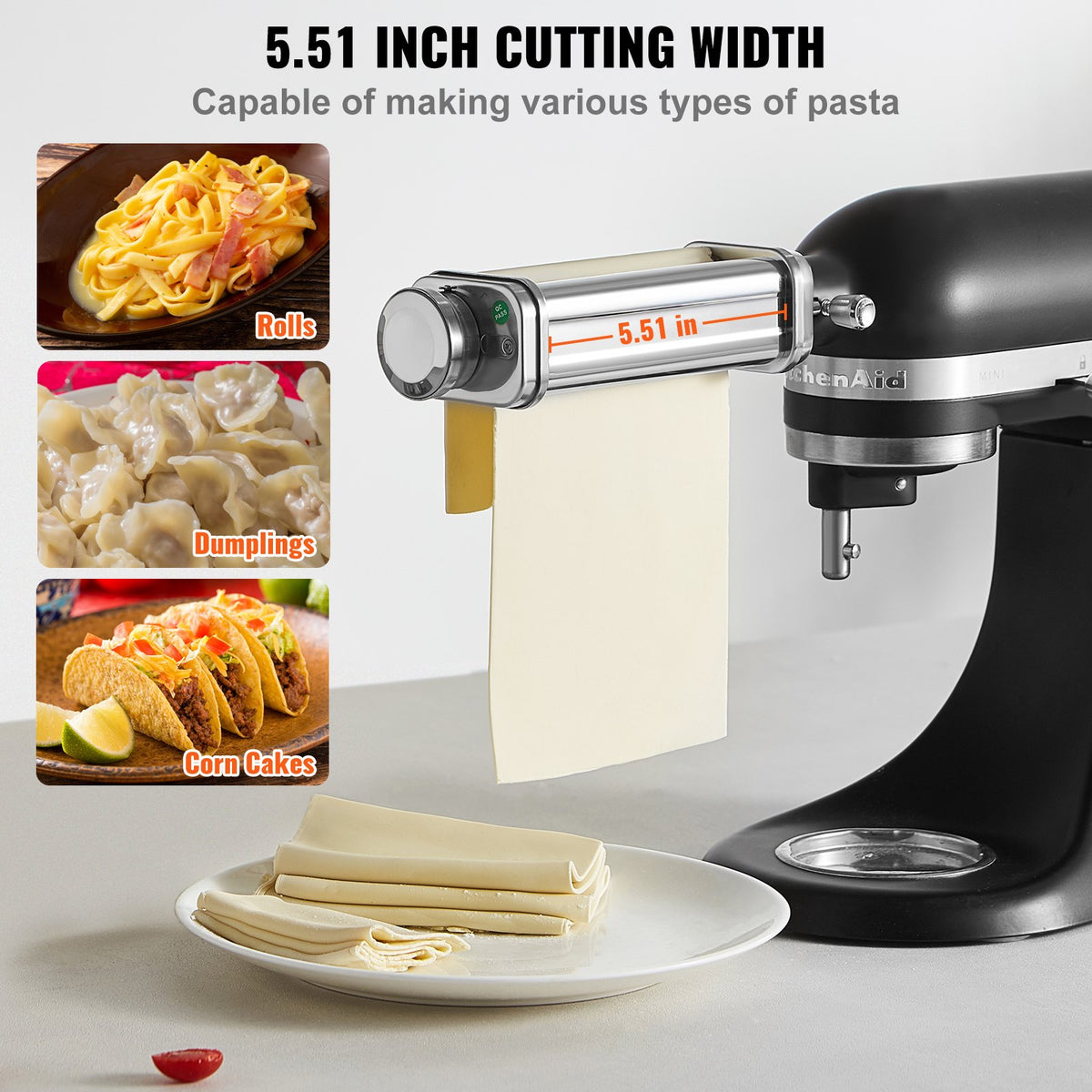 Pastatillbehör för KitchenAid köksmaskin, pastavalstillbehör i rostfritt stål, pastamaskintillbehör med 8 justerbara tjockleksknoppar, KitchenAid pastatillbehör från