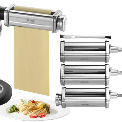 Pastatillbehör till KitchenAid köksmaskin, pastavalsar i rostfritt stål inklusive pastavals, spaghetti- och fettuccineskärare, pastamaskin med 8 justerbara tjockleksknoppar, 3 delar