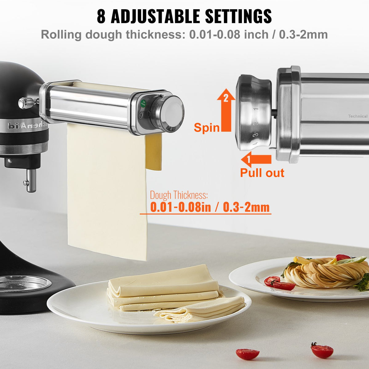 Pastatillbehör till KitchenAid köksmaskin, pastavalsar i rostfritt stål inklusive pastavals, spaghetti- och fettuccineskärare, pastamaskin med 8 justerbara tjockleksknoppar, 3 delar