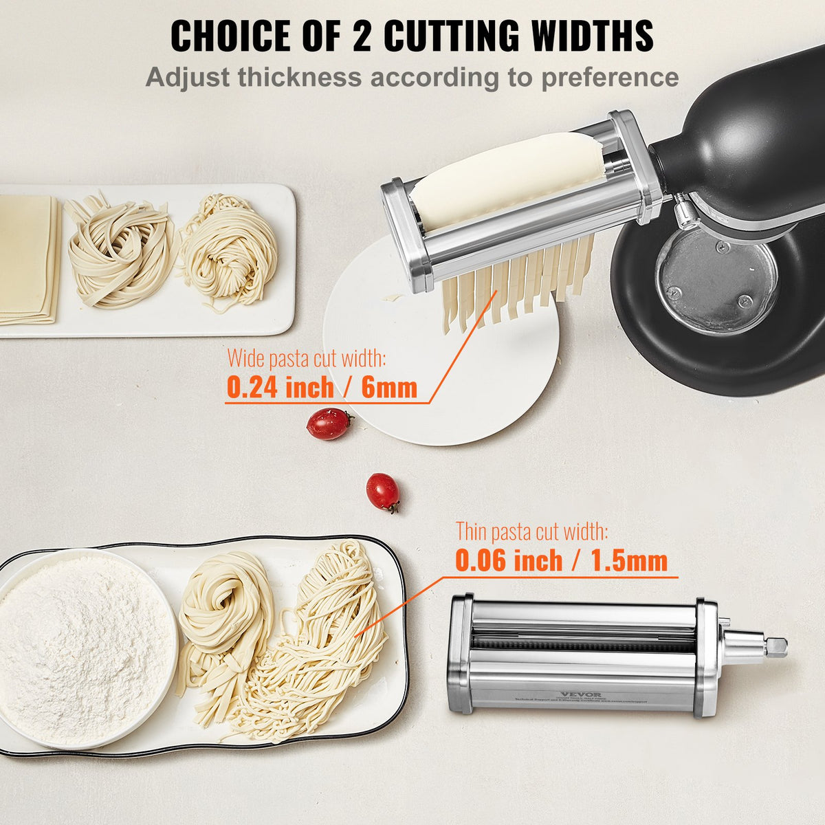Pastatillbehör till KitchenAid köksmaskin, pastavalsar i rostfritt stål inklusive pastavals, spaghetti- och fettuccineskärare, pastamaskin med 8 justerbara tjockleksknoppar, 3 delar